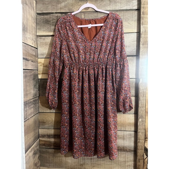 Gap Maternity Rust Orange Paisley Smocked Waist V-Neck Midi Dress Small - Picture 2 of 4